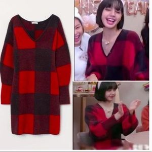 H&M X Klarna red black plaid sweater dress